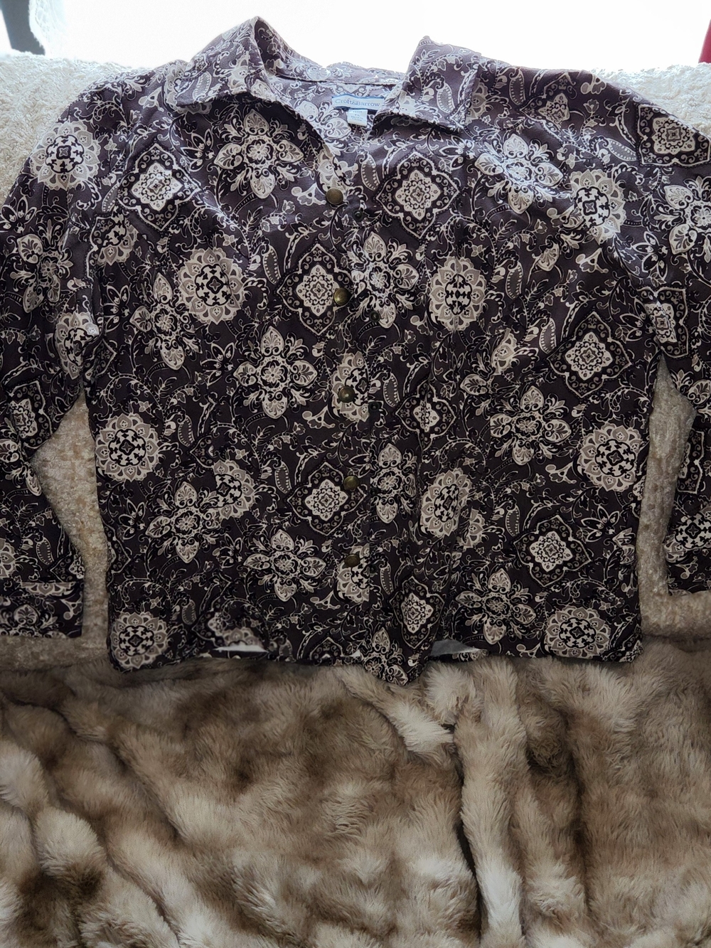 croft & barrow Olive Green and Cream Paisley Blouse